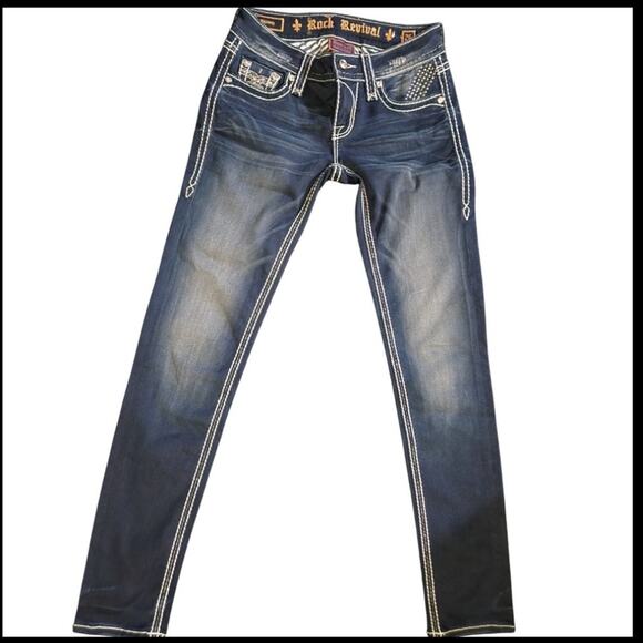Rock Revival Blue Skinny Jeans with Contrast Stitching - Picture 4 of 5